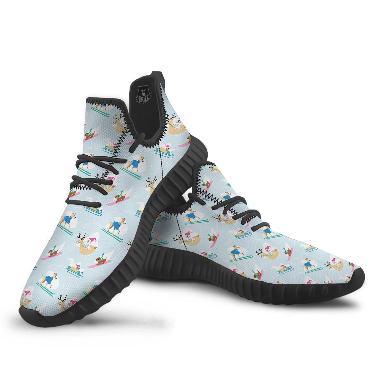 Dog Skiing Print Pattern Black Walking Shoes-grizzshop