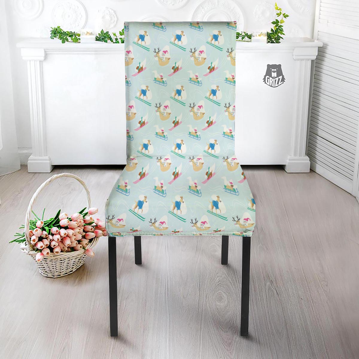 Dog Skiing Print Pattern Dining Chair Slipcover-grizzshop