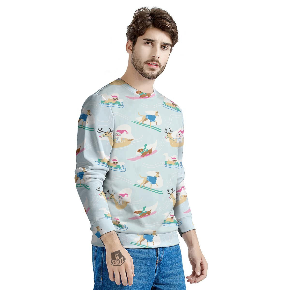 Dog Skiing Print Pattern Men's Sweatshirt-grizzshop
