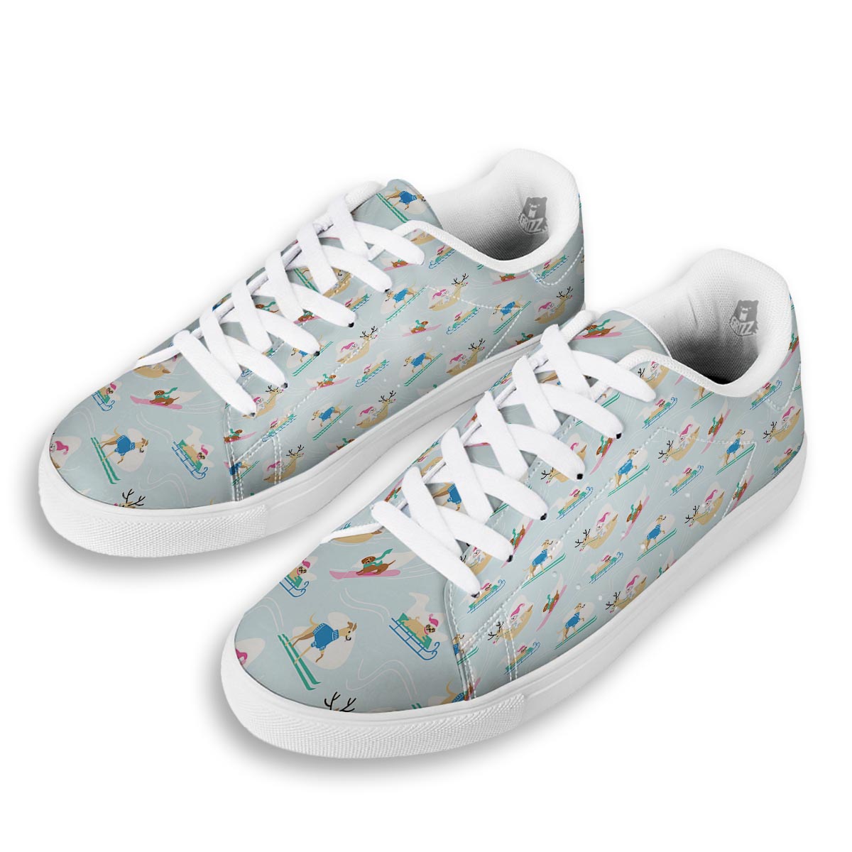 Dog Skiing Print Pattern White Low Top Sneakers-grizzshop