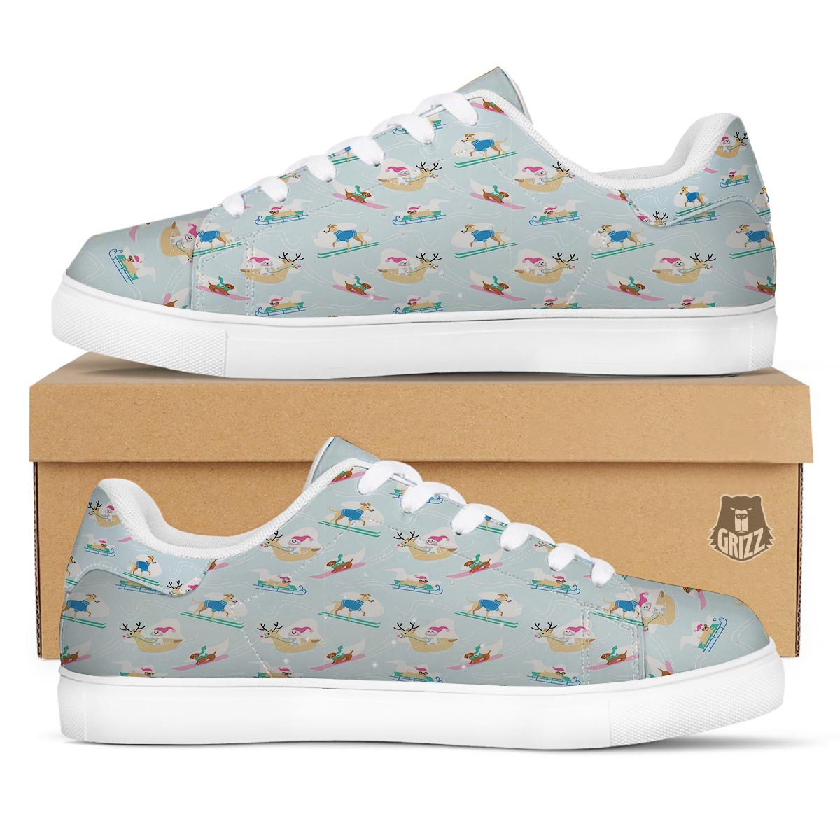 Dog Skiing Print Pattern White Low Top Sneakers-grizzshop