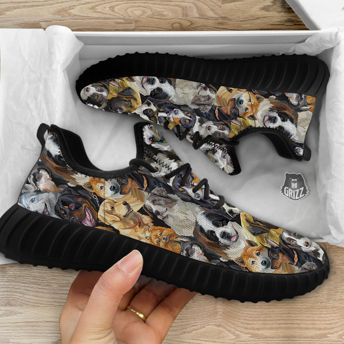 Dogs Breeds Watercolor Print Pattern Black Walking Shoes-grizzshop