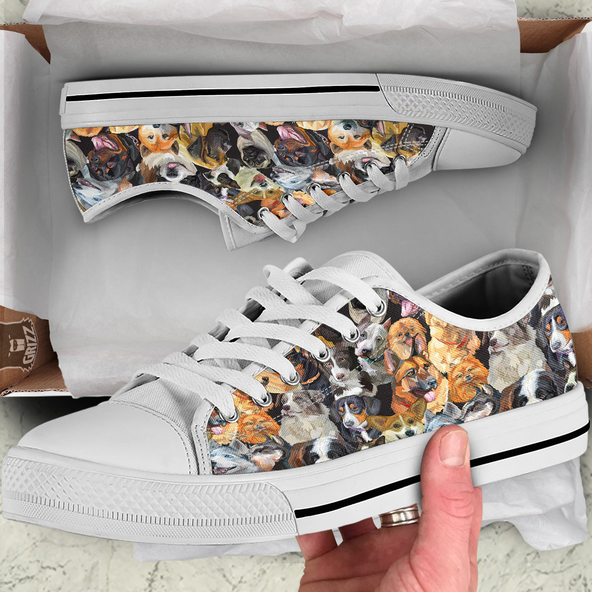 Dogs Breeds Watercolor Print Pattern White Low Top Shoes-grizzshop