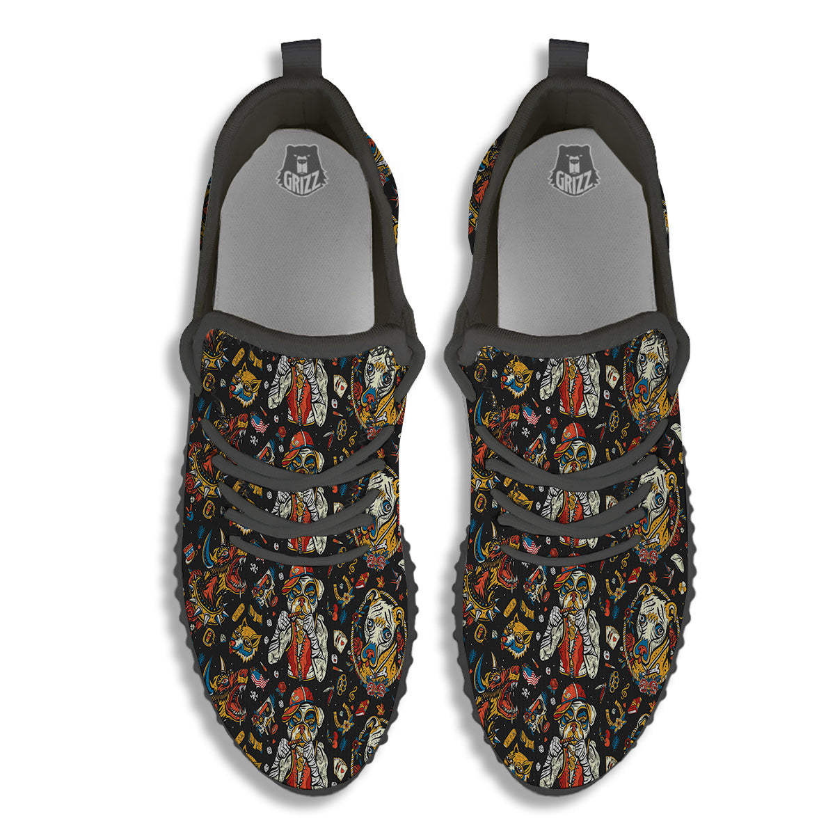 Dogs Old School Tattoo Print Pattern Black Walking Shoes-grizzshop