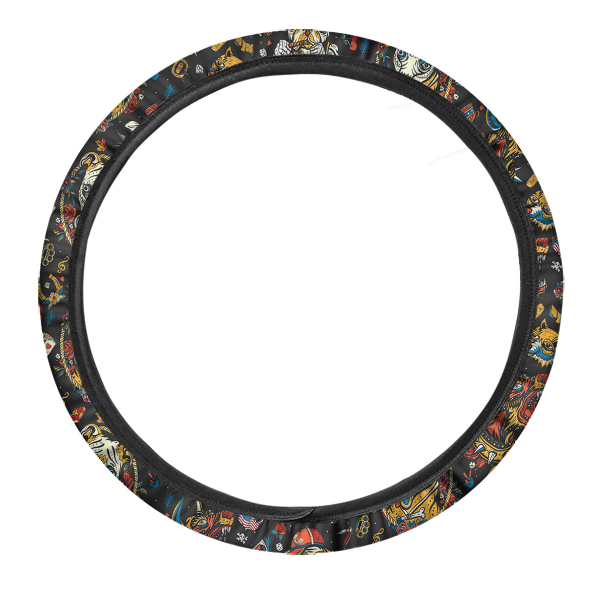 Dogs Old School Tattoo Print Pattern Car Steering Wheel Cover-grizzshop