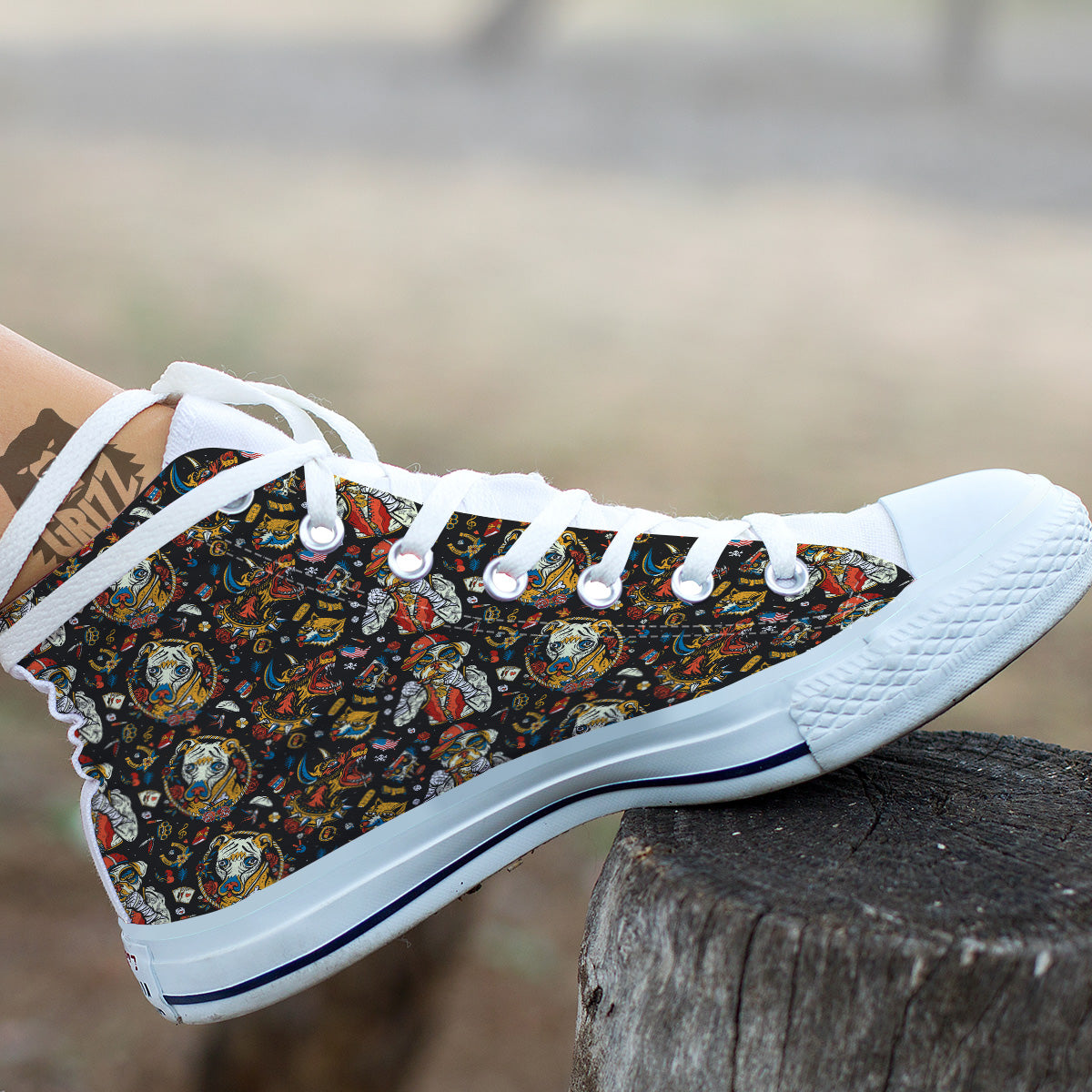 Dogs Old School Tattoo Print Pattern White High Top Shoes-grizzshop