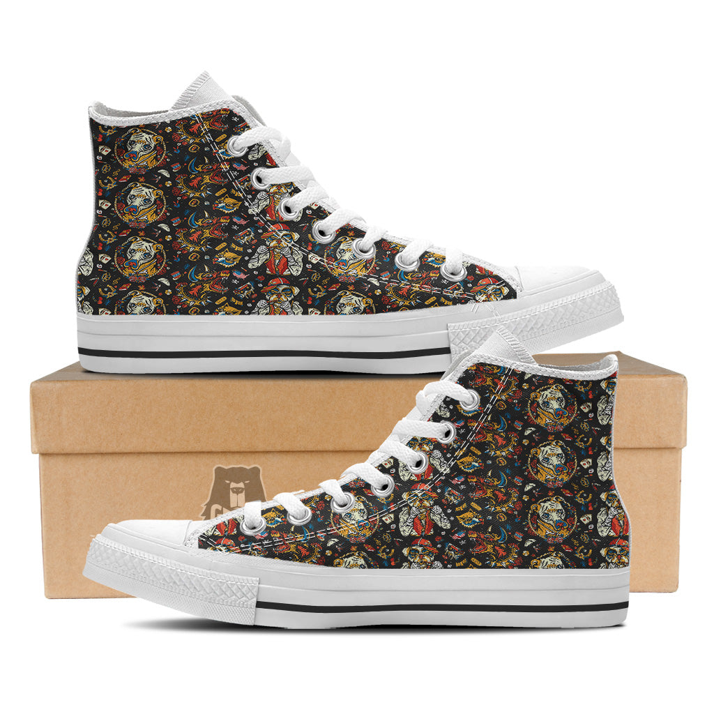 Dogs Old School Tattoo Print Pattern White High Top Shoes-grizzshop