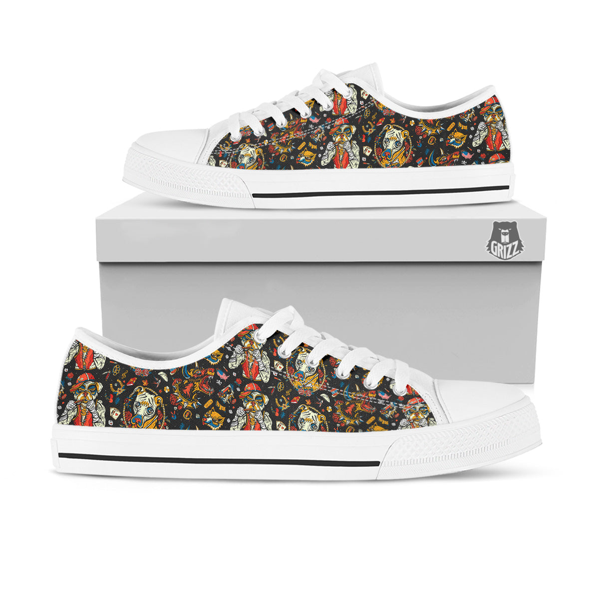 Dogs Old School Tattoo Print Pattern White Low Top Shoes-grizzshop