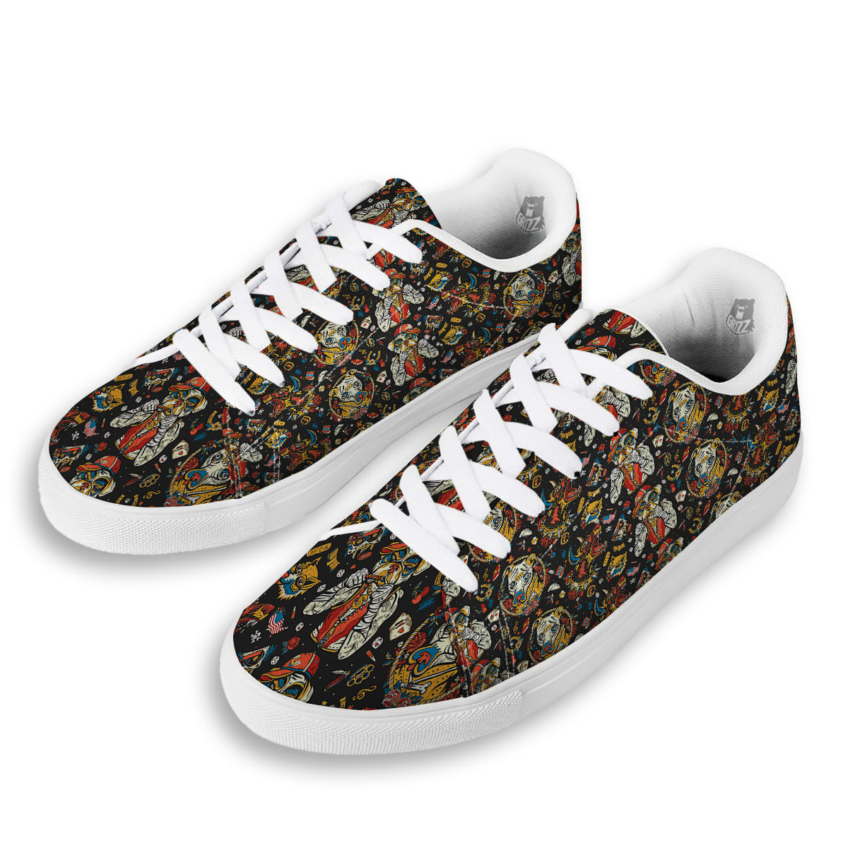 Dogs Old School Tattoo Print Pattern White Low Top Sneakers-grizzshop