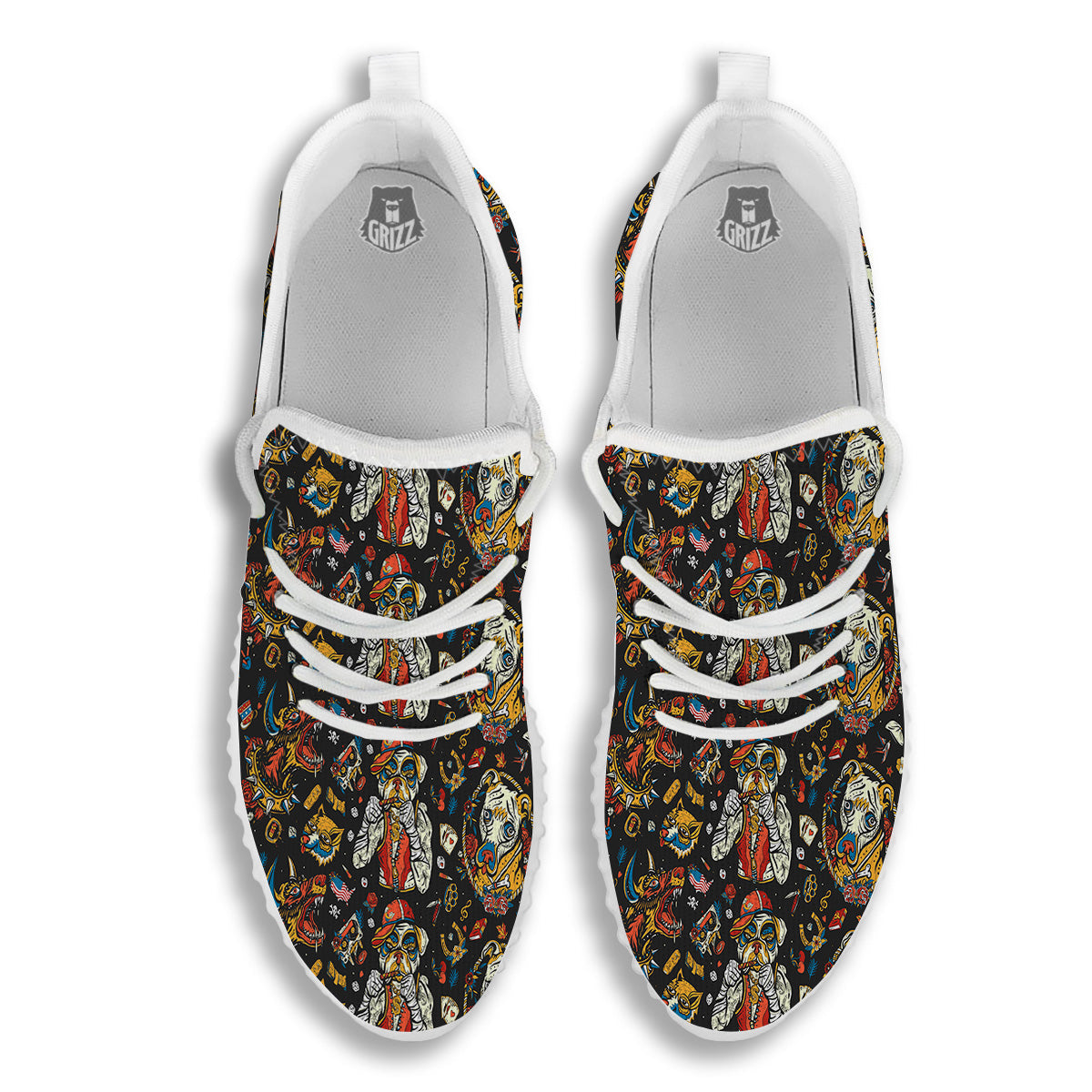 Dogs Old School Tattoo Print Pattern White Walking Shoes-grizzshop