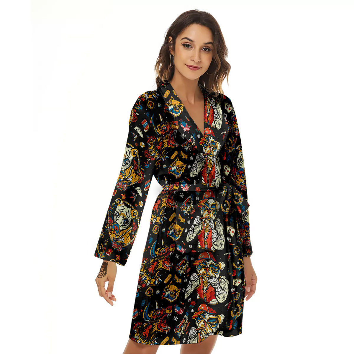 Dogs Old School Tattoo Print Pattern Women's Robe-grizzshop
