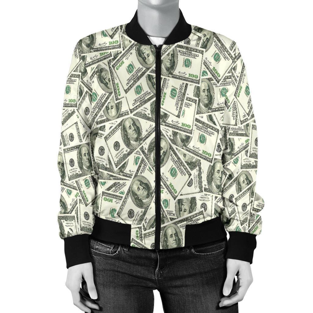Dollar Money Pattern Print Women Casual Bomber Jacket-grizzshop