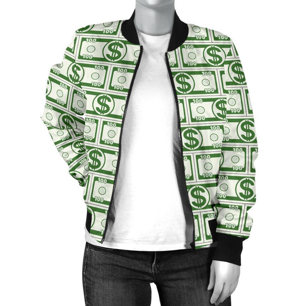 Dollar Money Print Pattern Women Casual Bomber Jacket-grizzshop