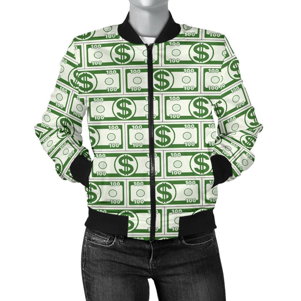 Dollar Money Print Pattern Women Casual Bomber Jacket-grizzshop