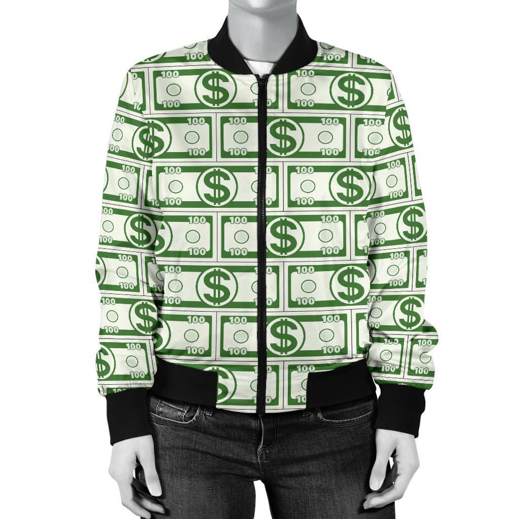 Dollar Money Print Pattern Women Casual Bomber Jacket-grizzshop