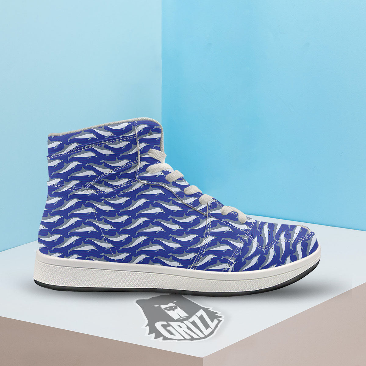 Dolphin And Waves Print Pattern High Top Sneakers-grizzshop