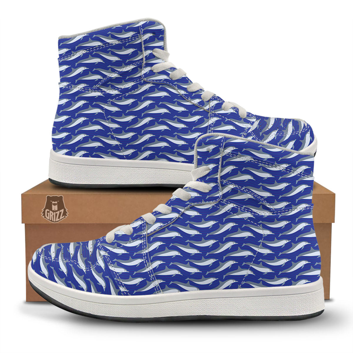 Dolphin And Waves Print Pattern High Top Sneakers-grizzshop