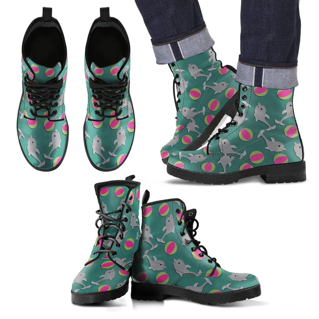 Dolphin Ball Pattern Print Men Women Leather Boots-grizzshop