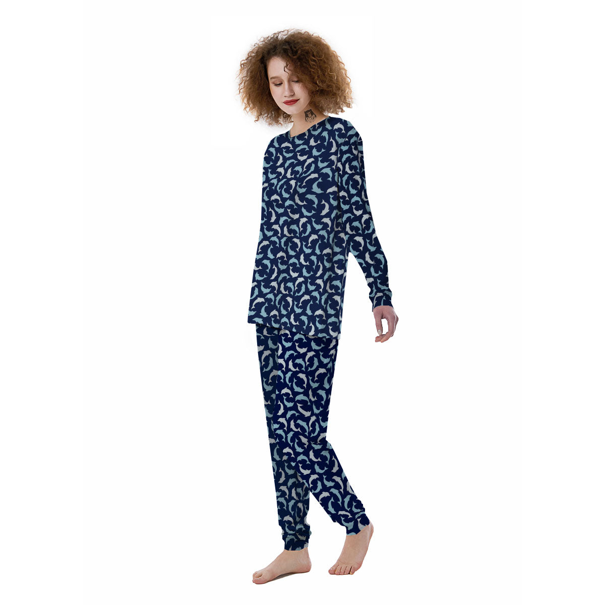 Dolphin Dark Blue Print Pattern Women's Pajamas-grizzshop