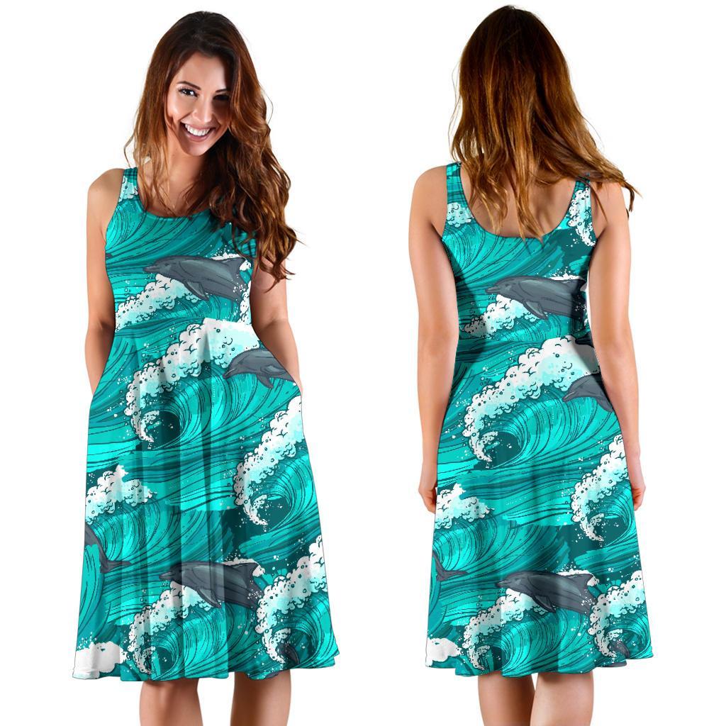 Dolphin Wave Pattern Print Dress-grizzshop