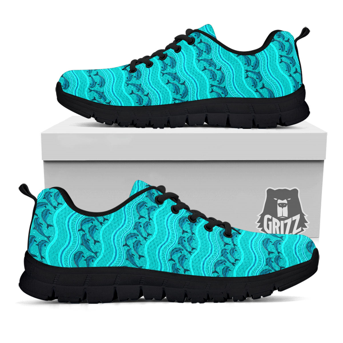 Dolphins In Ocean Print Pattern Black Sneaker-grizzshop