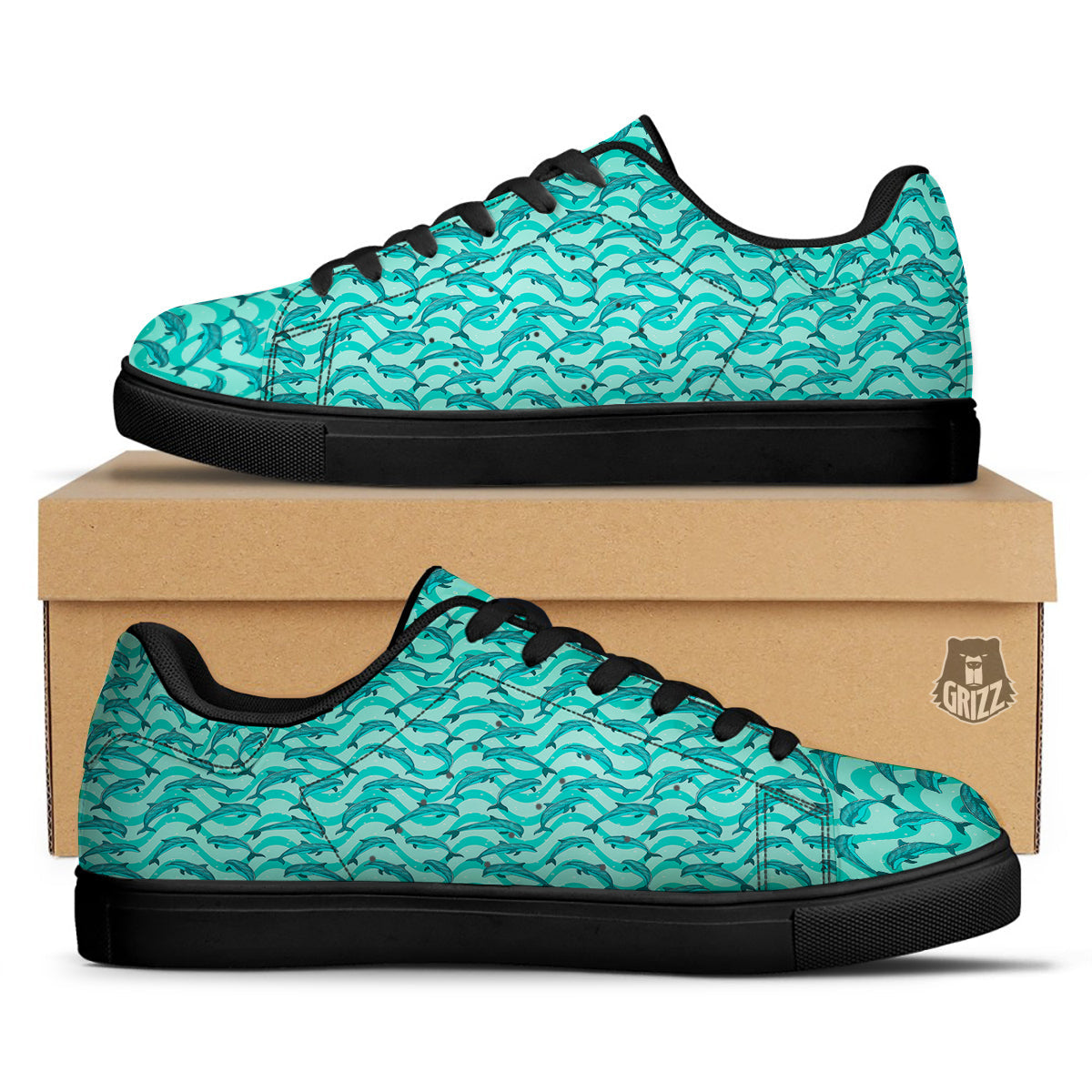 Dolphins In The Ocean Cute Print Pattern Black Low Top Sneakers-grizzshop