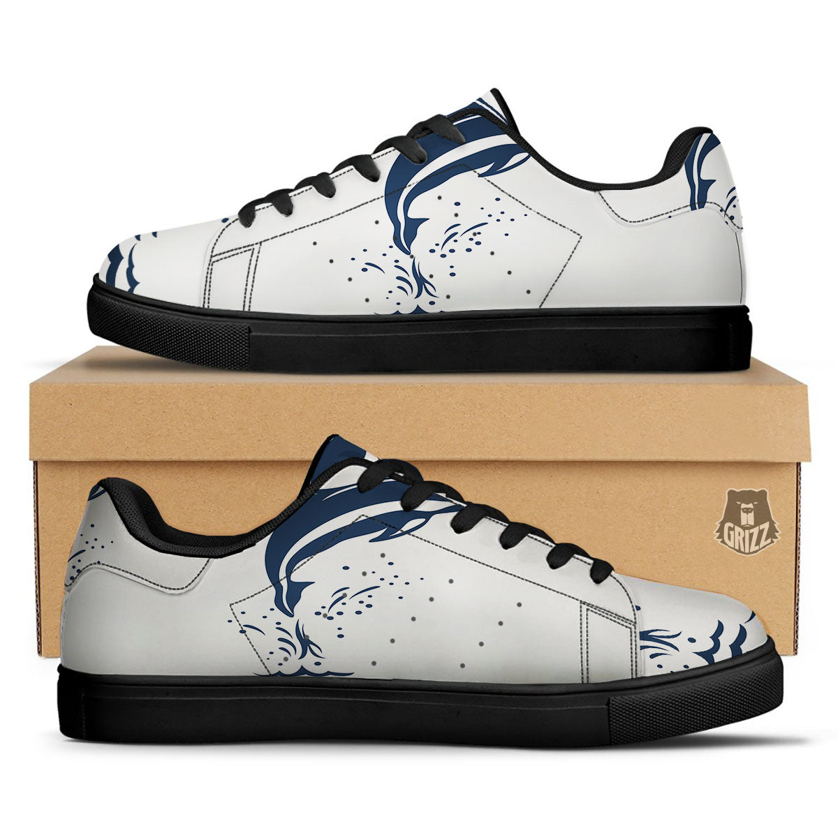Dolphins Jump On Waves Print Black Low Top Sneakers-grizzshop