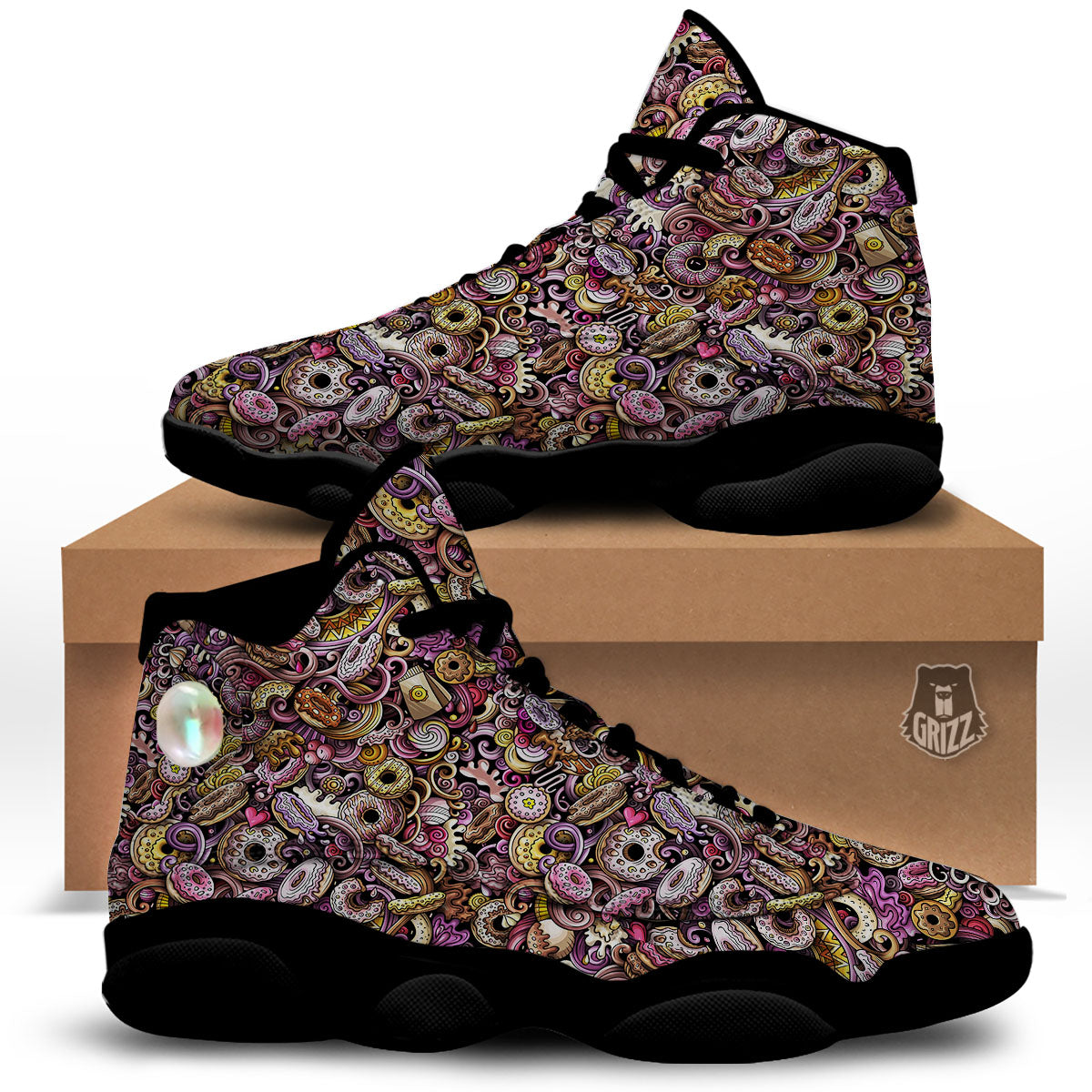 Donut Graffiti Print Pattern Black Basketball Shoes-grizzshop