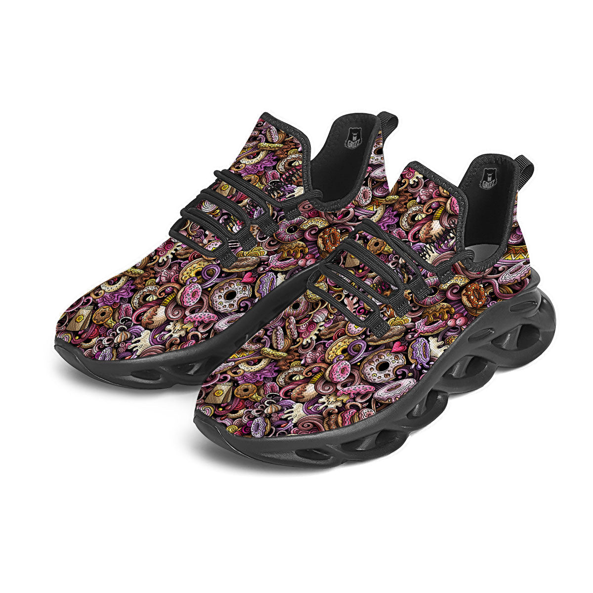 Donut Graffiti Print Pattern Black Running Shoes-grizzshop