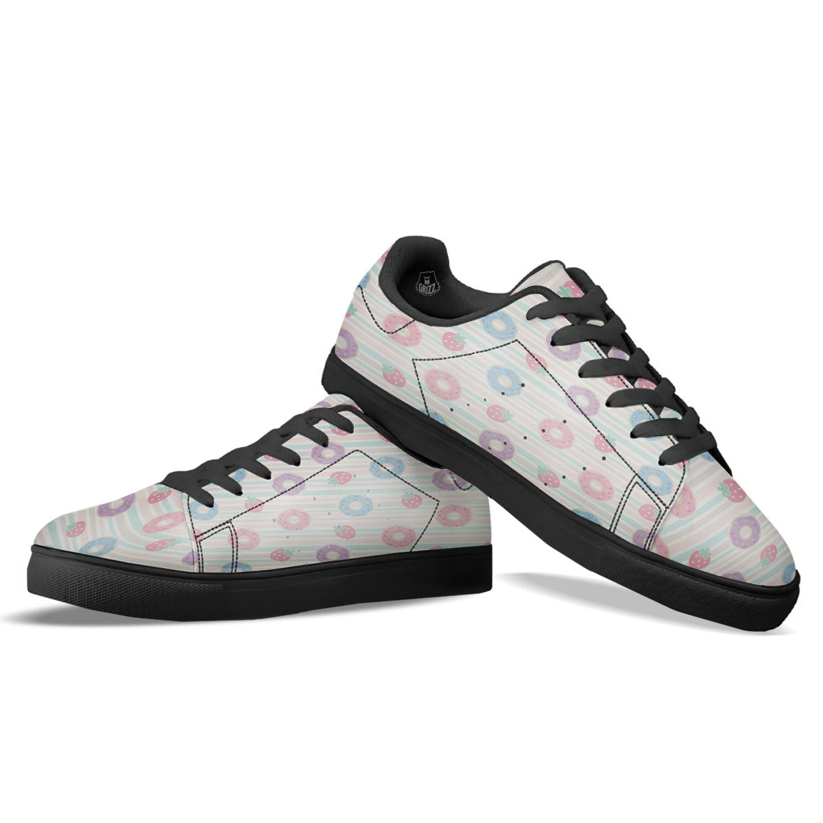 Donut Pastel Print Pattern Black Low Top Sneakers-grizzshop