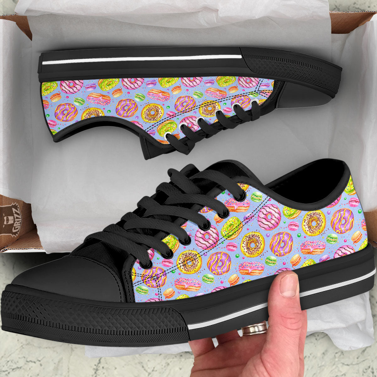 Donuts Print Pattern Black Low Top Shoes-grizzshop