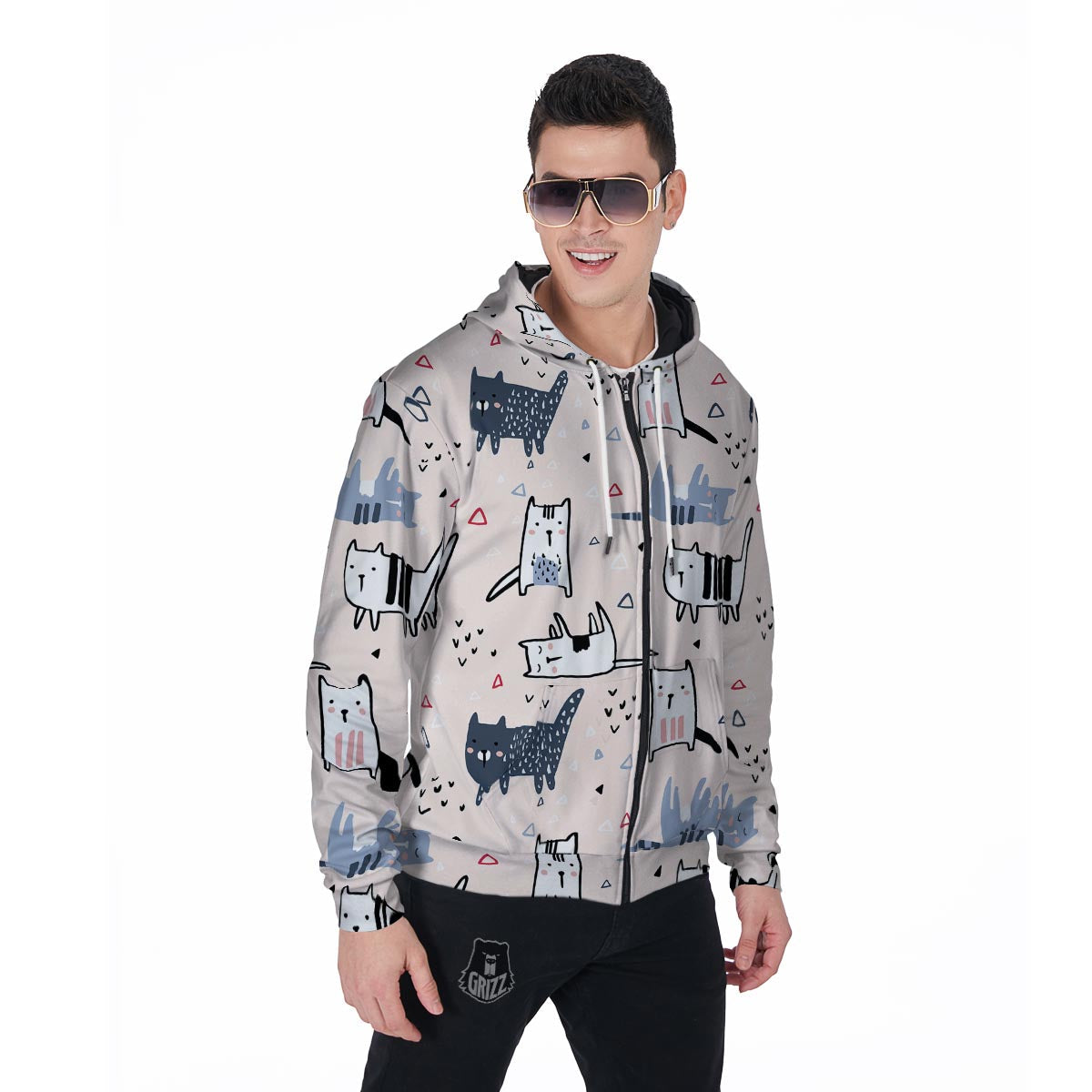 Doodle Cat Print Men's Zip Up Hoodie-grizzshop