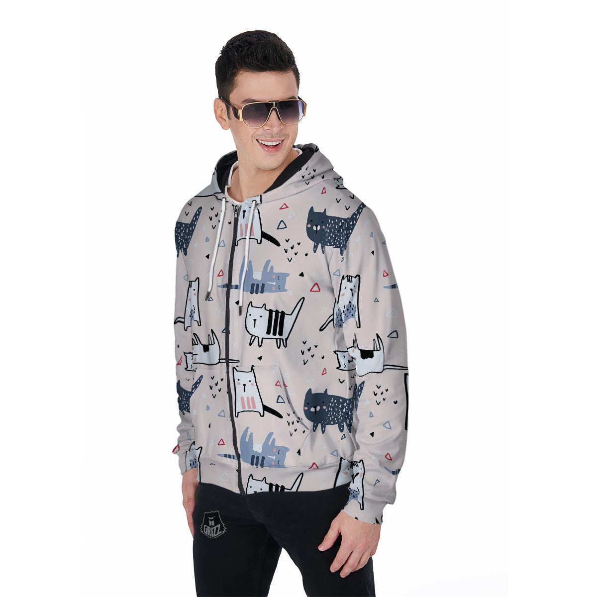 Doodle Cat Print Men's Zip Up Hoodie-grizzshop