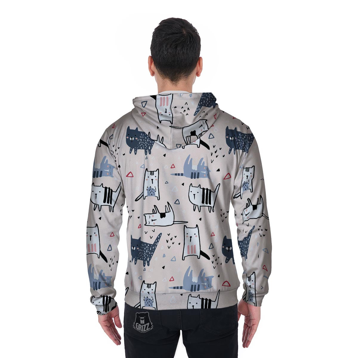 Doodle Cat Print Men's Zip Up Hoodie-grizzshop