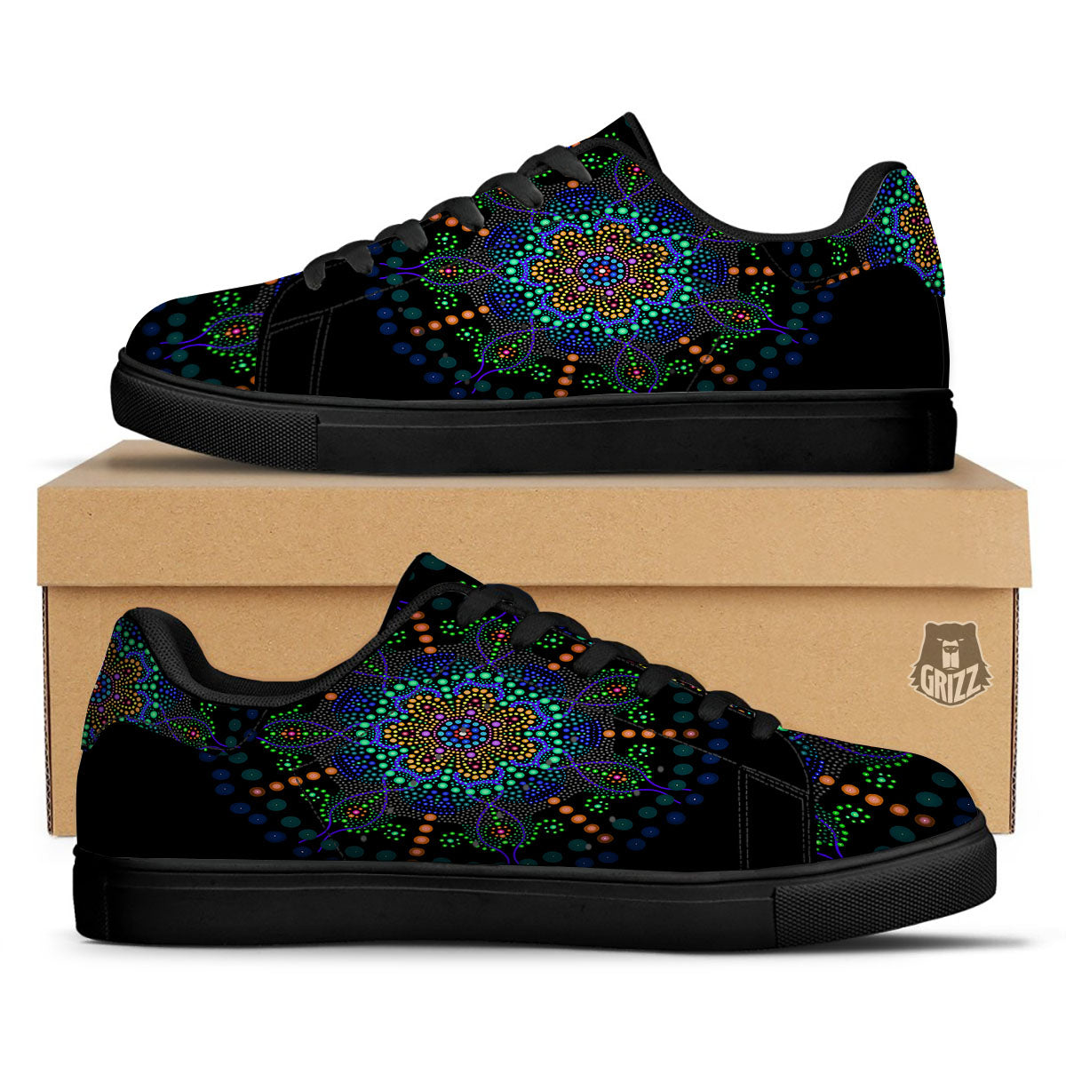 Dot Mandala Green White Print Black Low Top Sneakers-grizzshop