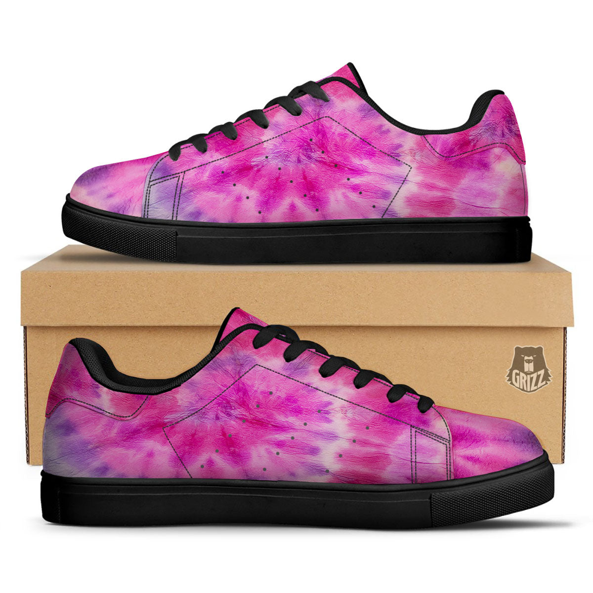 Double Pink Tie Dye Print Black Low Top Sneakers-grizzshop