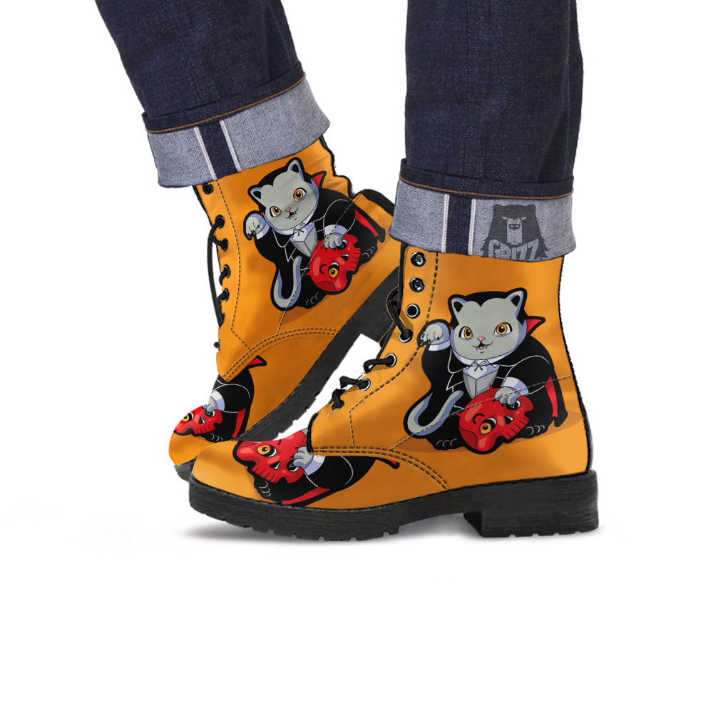 Dracula Cute Cat Print Leather Boots-grizzshop
