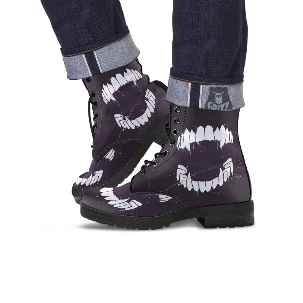 Dracula Fang Print Leather Boots-grizzshop