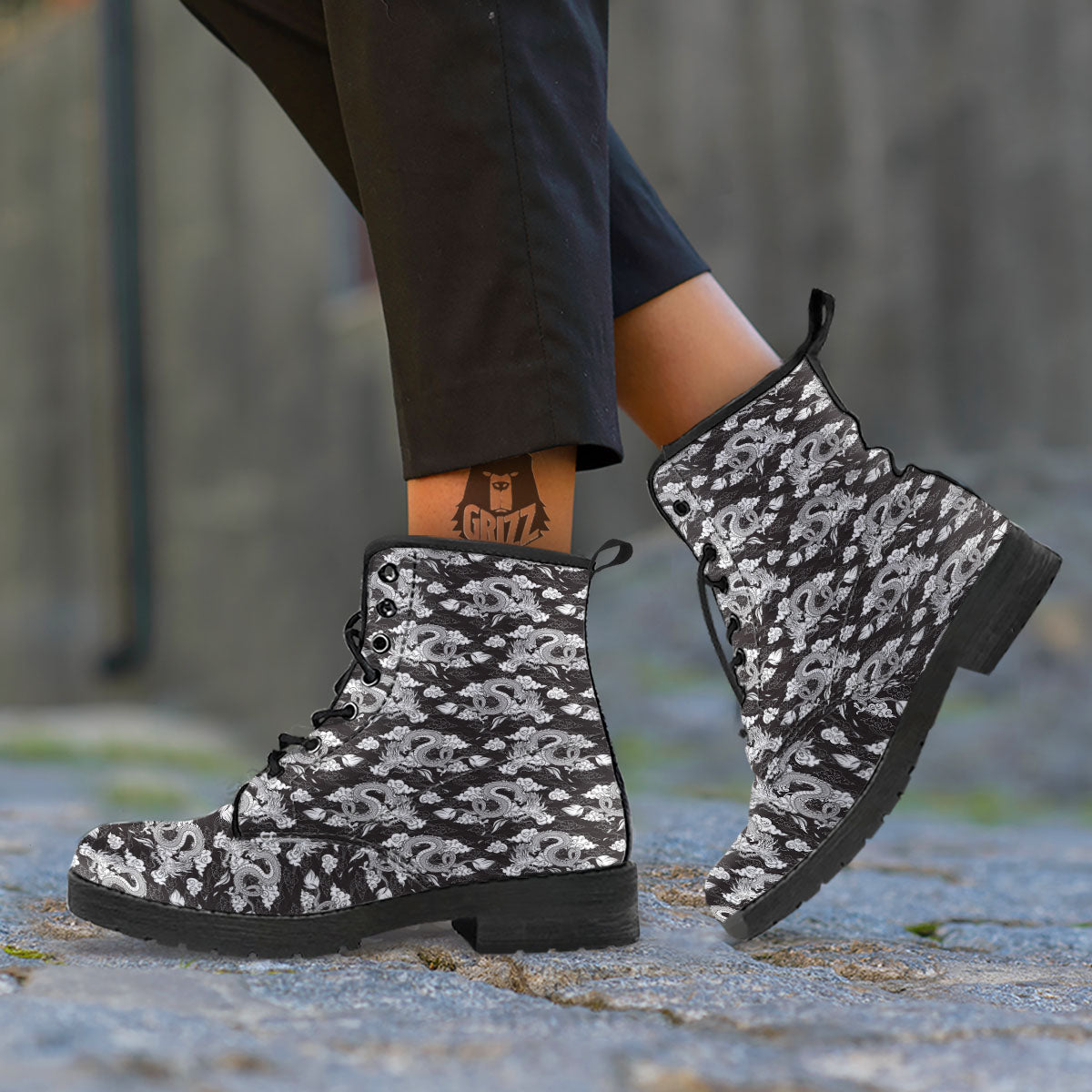 Dragon Eastern Print Pattern Leather Boots-grizzshop