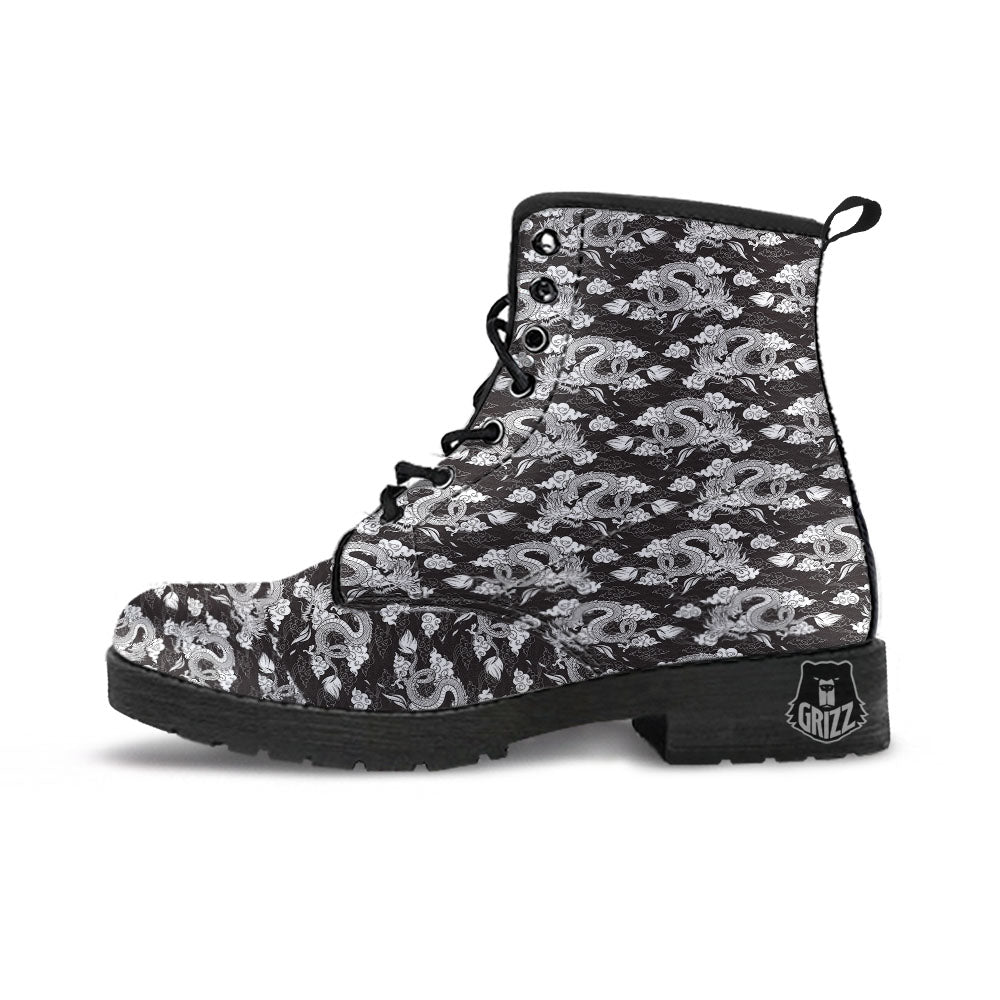 Dragon Eastern Print Pattern Leather Boots-grizzshop
