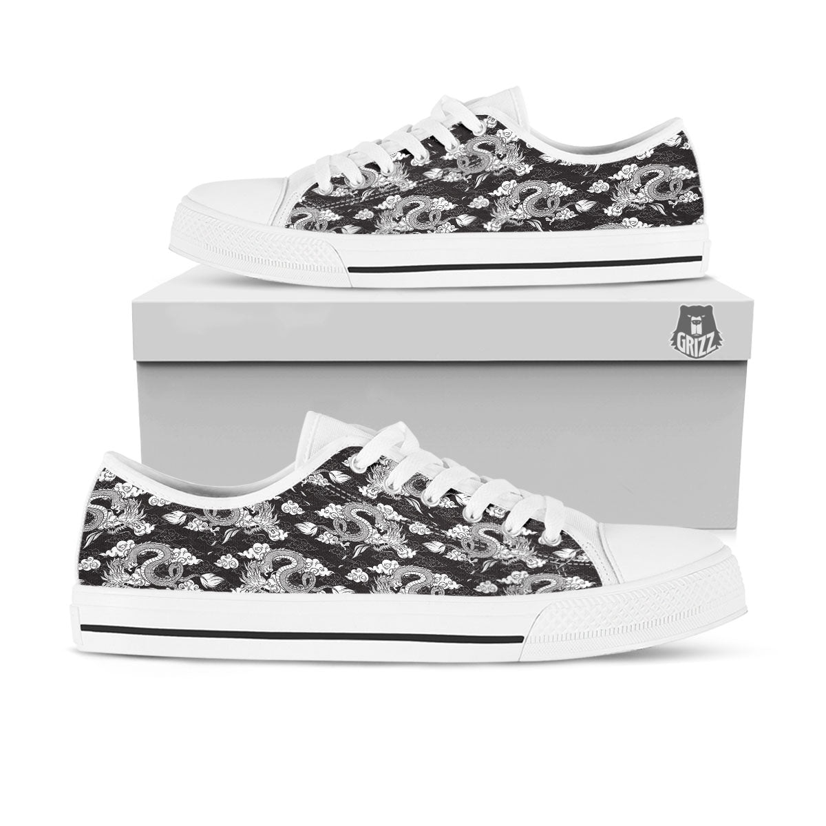 Dragon Eastern Print Pattern White Low Top Shoes-grizzshop