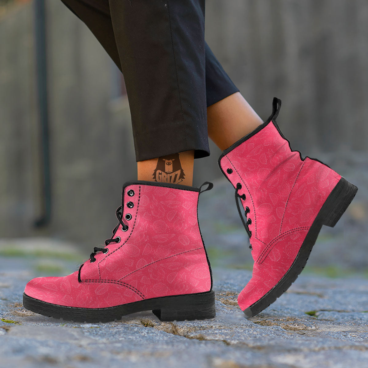 Dragon Fruit Hand Drawn Print Pattern Leather Boots-grizzshop