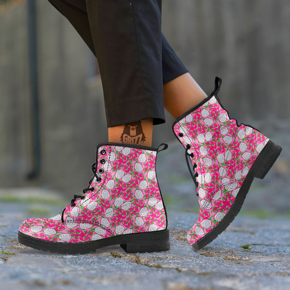 Dragon Fruit Print Pattern Leather Boots-grizzshop