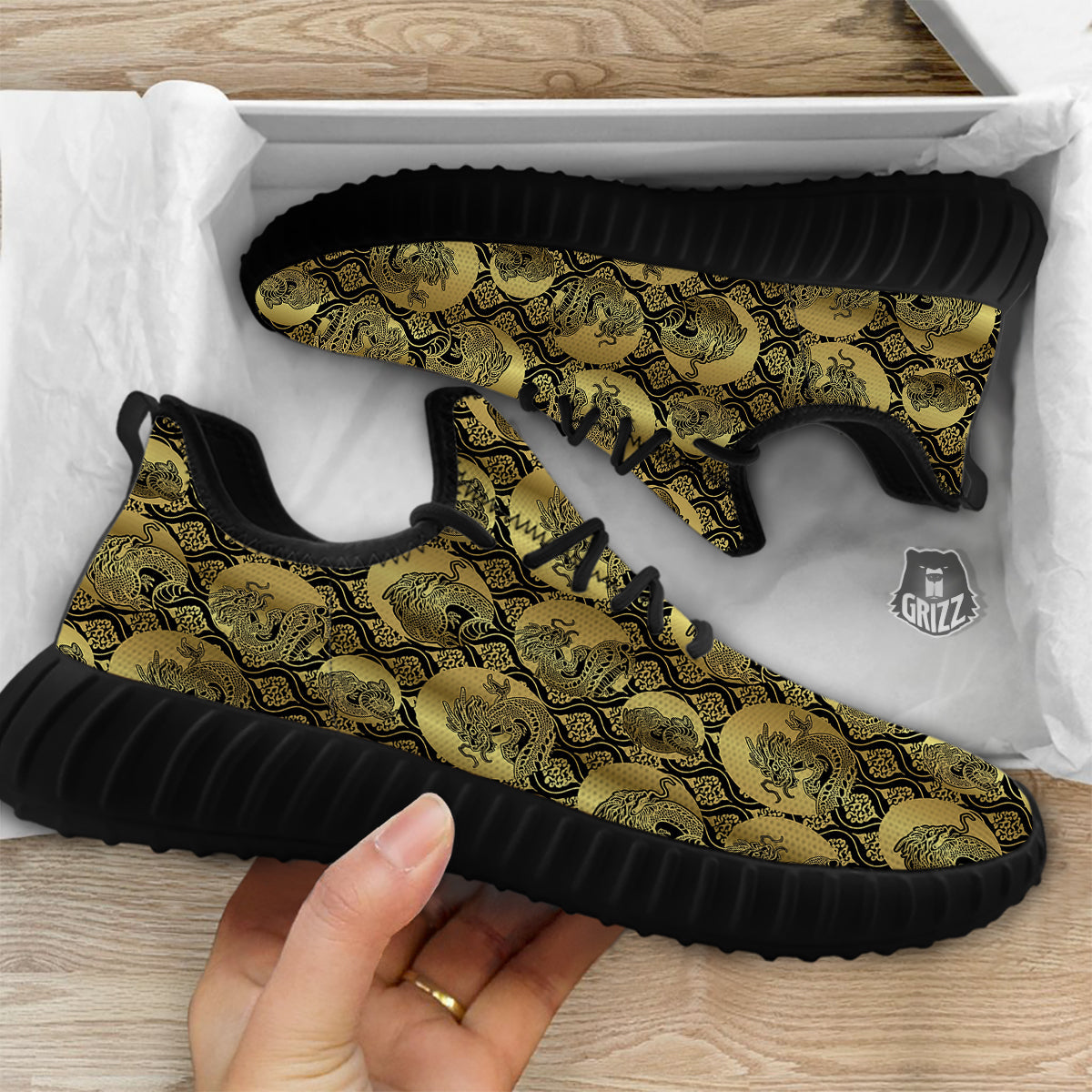 Dragon Gold And Black Print Pattern Black Walking Shoes-grizzshop