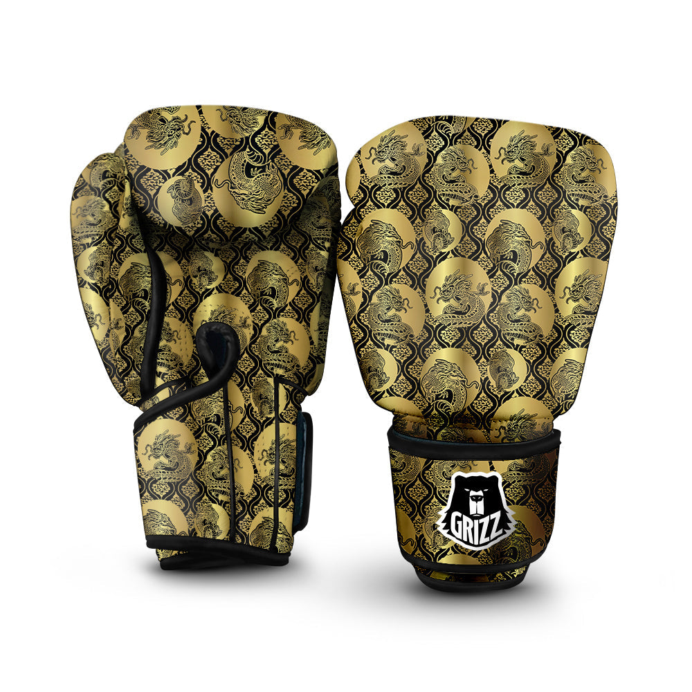 Dragon Gold And Black Print Pattern Boxing Gloves-grizzshop