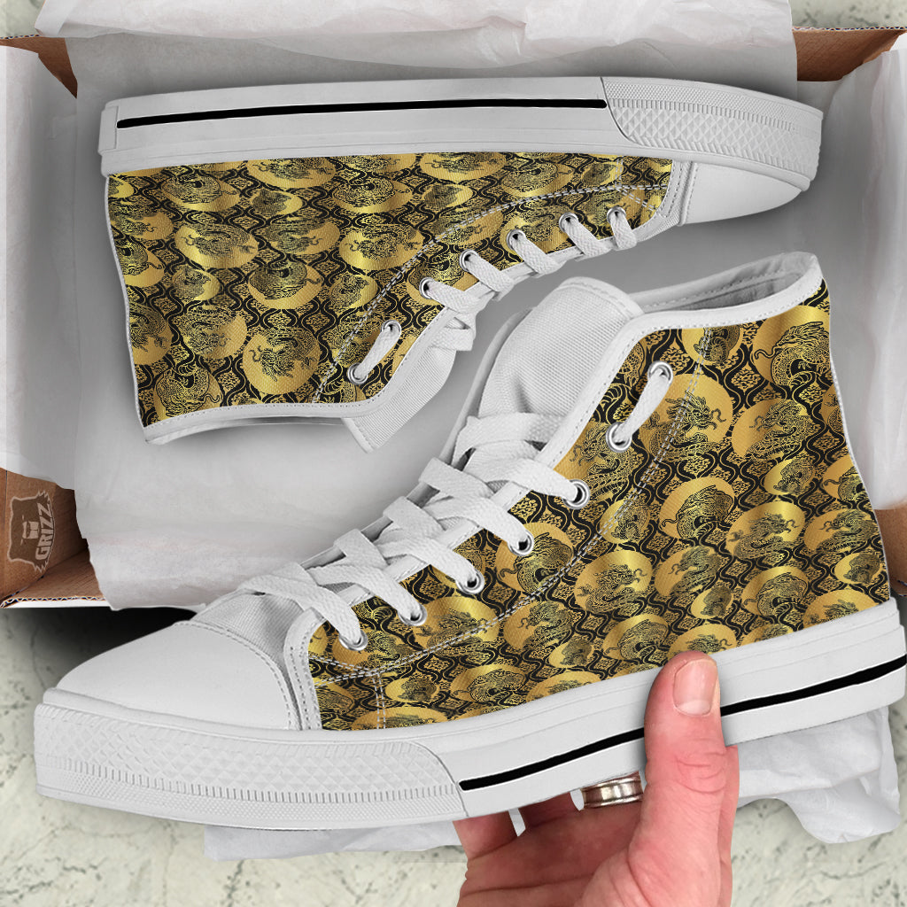 Dragon Gold And Black Print Pattern White High Top Shoes-grizzshop