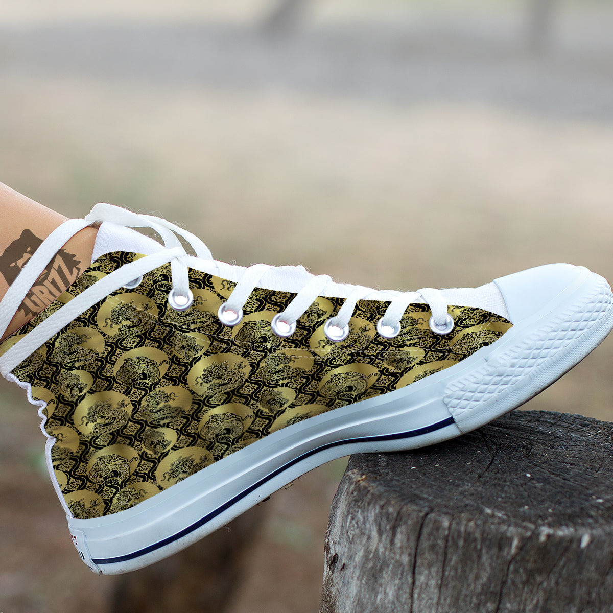 Dragon Gold And Black Print Pattern White High Top Shoes-grizzshop