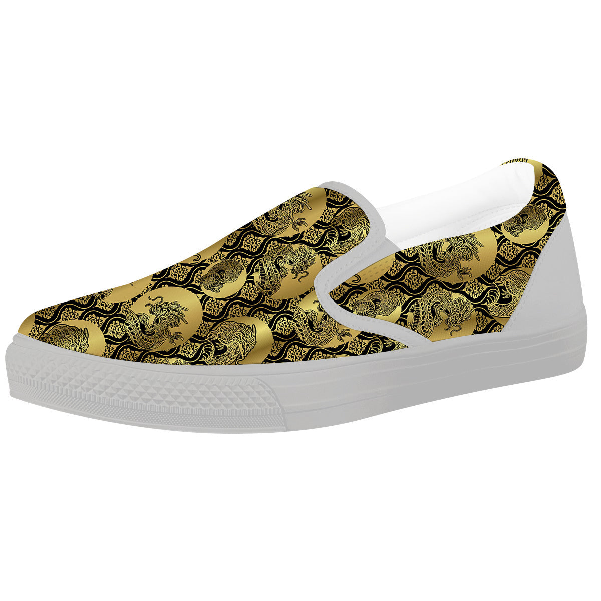 Dragon Gold And Black Print Pattern White Slip On Shoes-grizzshop