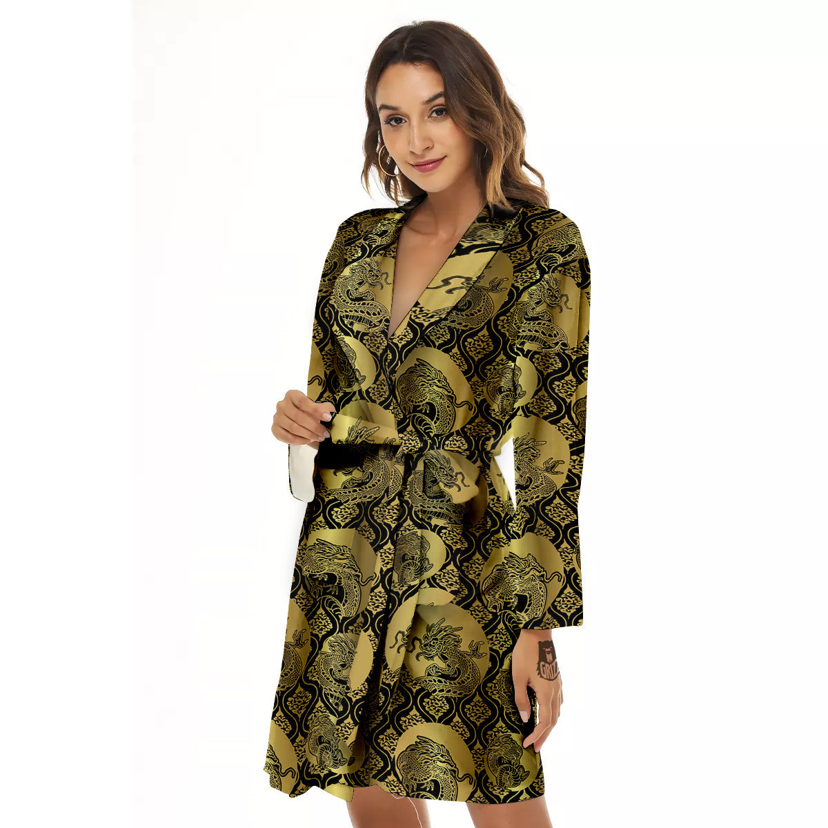 Dragon Gold And Black Print Pattern Women's Robe-grizzshop