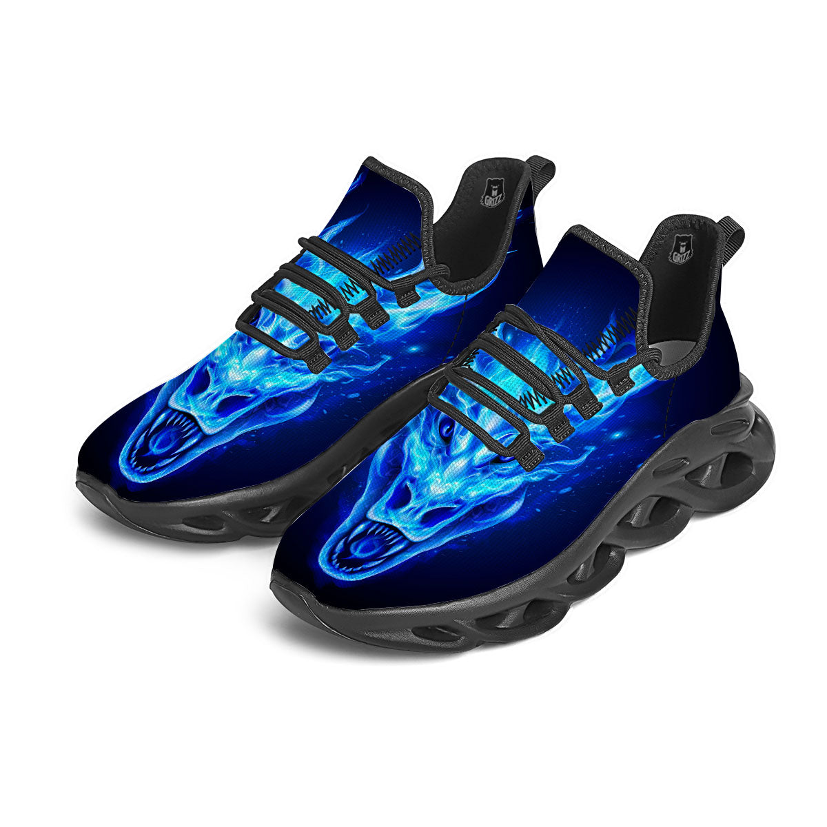 Dragon Head in Blue Flame Print Black Running Shoes-grizzshop